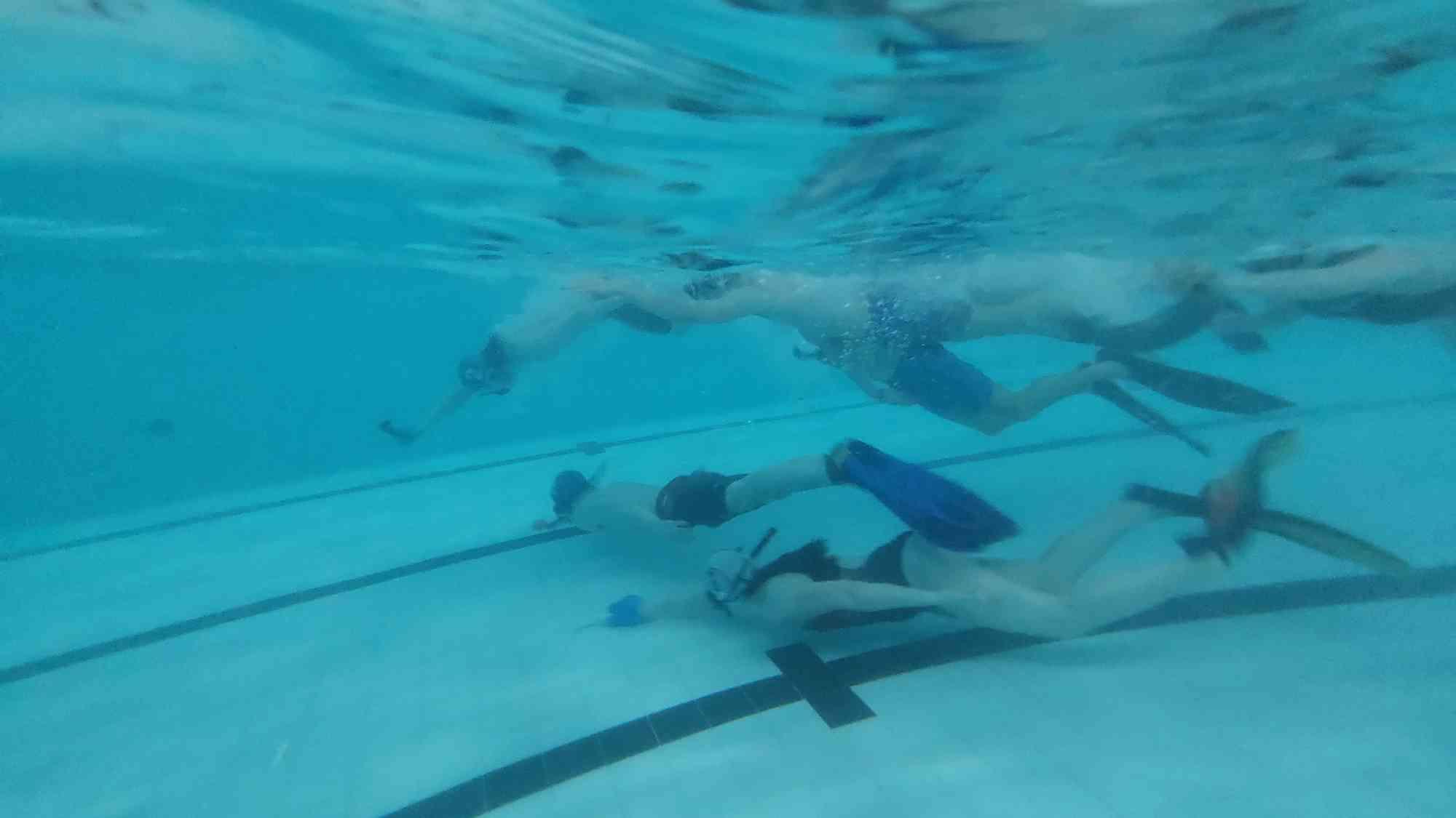 Underwater hockey players swimming for the puck